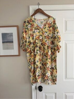 Hope’s Yellow Tropical Floral Print Mini Caftan Style Dress Large